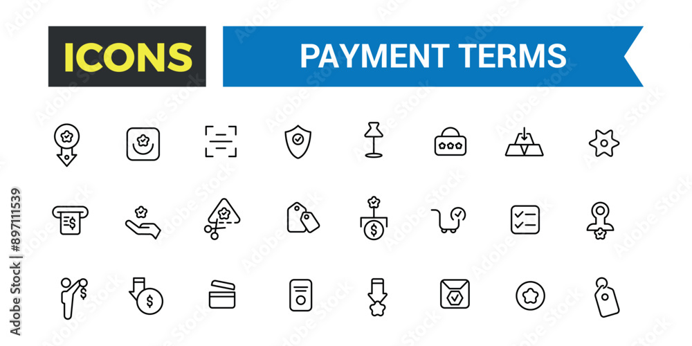 Payment terms icons set outline vector. Card credit, Document recharge. Outline icons pack. Editable vector line icon set and illustration.