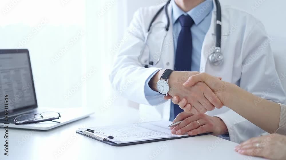 Doctor and a patient are shaking hands. The physician is wearing a white medical coat over a blue shirt and tie. Medical service Doctor and a patient are shaking hands. The physician is wearing a white medical coat over a blue shirt and tie. Medical service