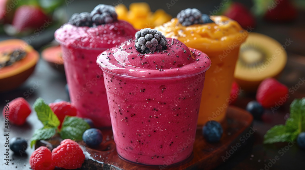 Delicious smoothies and salads with fresh seasonal fruits. Delicious smoothies and salads with fresh seasonal fruits.