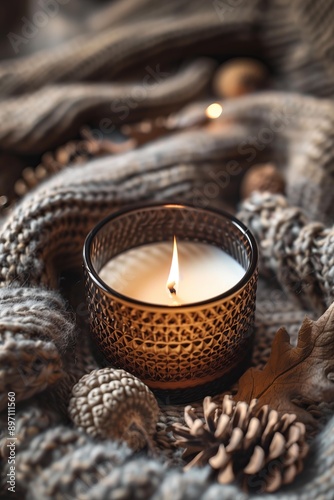 burning candle in a reeded brown glass container surrounded by cones, acorns, sweater, cosy, fall muted colors