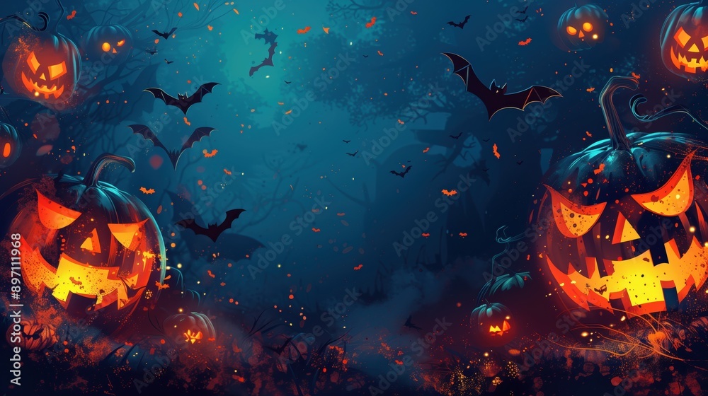 Spooky Halloween Night with Glowing Jack-O'-Lanterns, Flying Bats, and Eerie Forest Background - Perfect for Halloween-Themed Designs and Decorations Spooky Halloween Night with Glowing Jack-O'-Lanterns, Flying Bats, and Eerie Forest Background - Perfect for Halloween-Themed Designs and Decorations