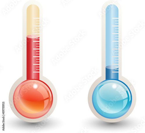 Thermometer vector icons 3d. Hot and cold temperature scale for weather or freezer, isolated thermometer temperature symbols on transparent.