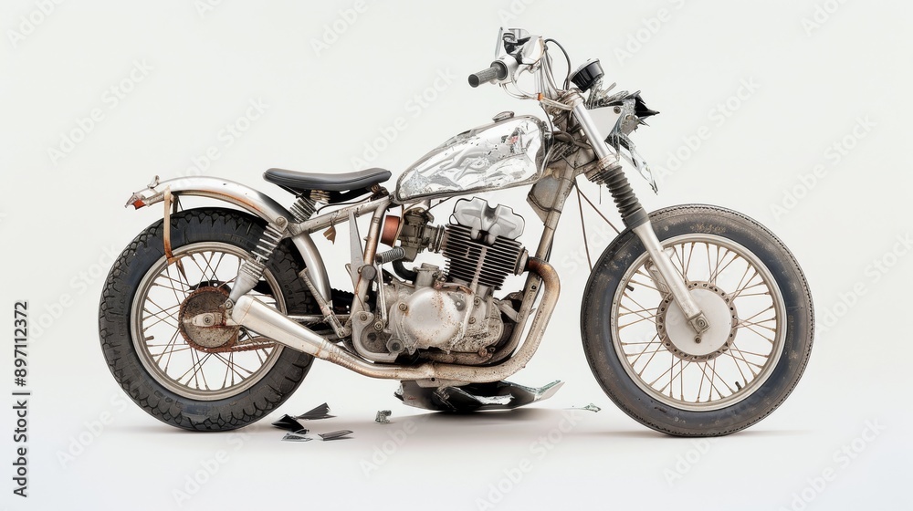 Fototapeta premium Damaged Modern Motorcycle Photographed Against Plain White Background
