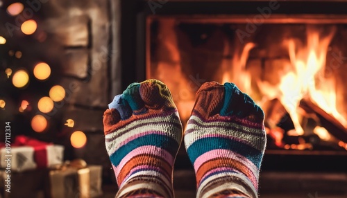 INVERNO ACONCHEGANTE: PÉS COM MEIAS LISTRADAS EM FRENTE A UMA LAREIRA NA NOITE DE NATAL photo