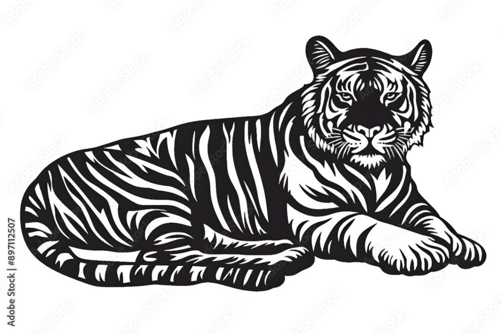 Fototapeta premium Hand drawn tiger silhouette in a minimal style. Black and white graphic illustration isolated on transparent background
