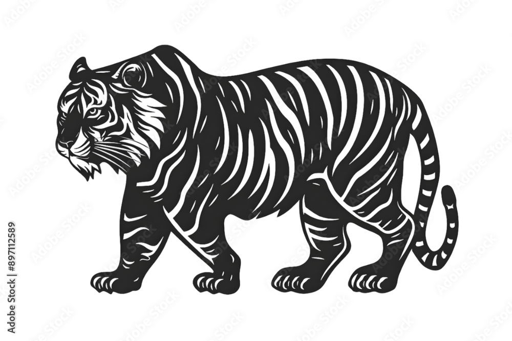 Hand drawn tiger silhouette in a minimal style. Black and white graphic illustration isolated on transparent background Hand drawn tiger silhouette in a minimal style. Black and white graphic illustration isolated on transparent background