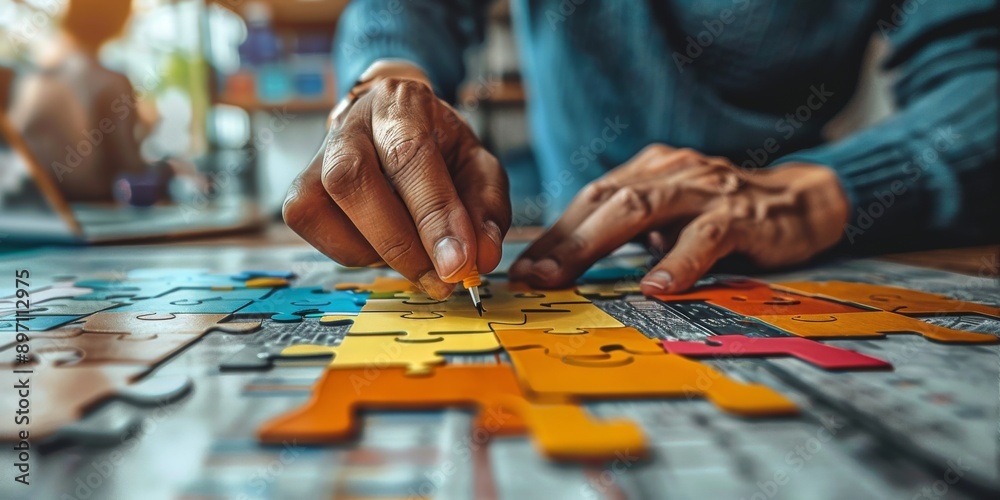 Analyzing Business Strategies and Concepts with Jigsaw Puzzle Pieces on Office Desk Analyzing Business Strategies and Concepts with Jigsaw Puzzle Pieces on Office Desk