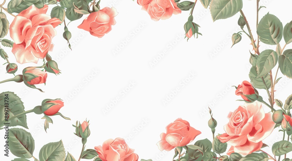 Floral greeting design with pink roses as frame on white background with copy space. Floral greeting design with pink roses as frame on white background with copy space.