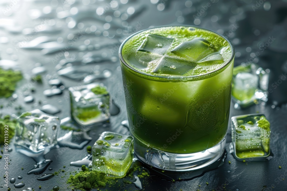 Iced Matcha Drink with Ice Cubes and Powdered Matcha on a Dark Surface