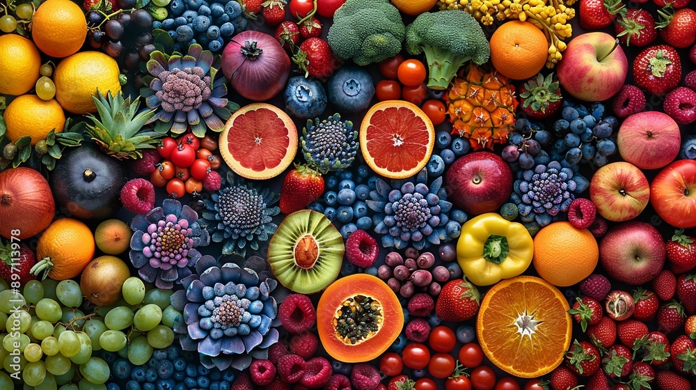Array of colorful fruits and vegetables mandala pattern psychedelic vibrant hues intricate detail Array of colorful fruits and vegetables mandala pattern psychedelic vibrant hues intricate detail