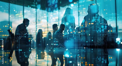 A group of people are sitting at a table with a reflection of the city in the background. Scene is one of productivity and collaboration, as the people are working together in a professional setting