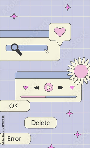 Cute nostalgic 90s retro vaporwave post and story template. Social media stories and posts with old computer aesthetic ui elements. Illustration of retro groovy abstract interface