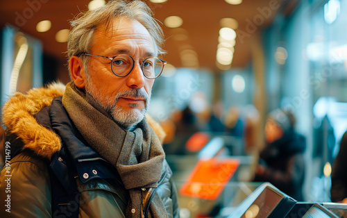 Middle-aged man in glasses and warm clothing indoors, in social service centre or local bank.