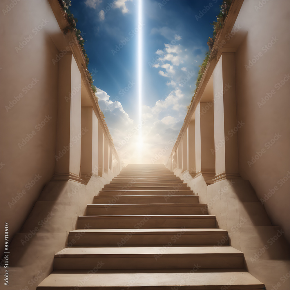 Obraz premium Stairway Leading Up To Heavenly Sky Toward The Light 