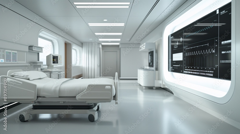 Futuristic Healthcare Haven: A sterile and modern hospital room awaits, equipped with advanced medical technology, promising comfort and cutting-edge care. Futuristic Healthcare Haven: A sterile and modern hospital room awaits, equipped with advanced medical technology, promising comfort and cutting-edge care.