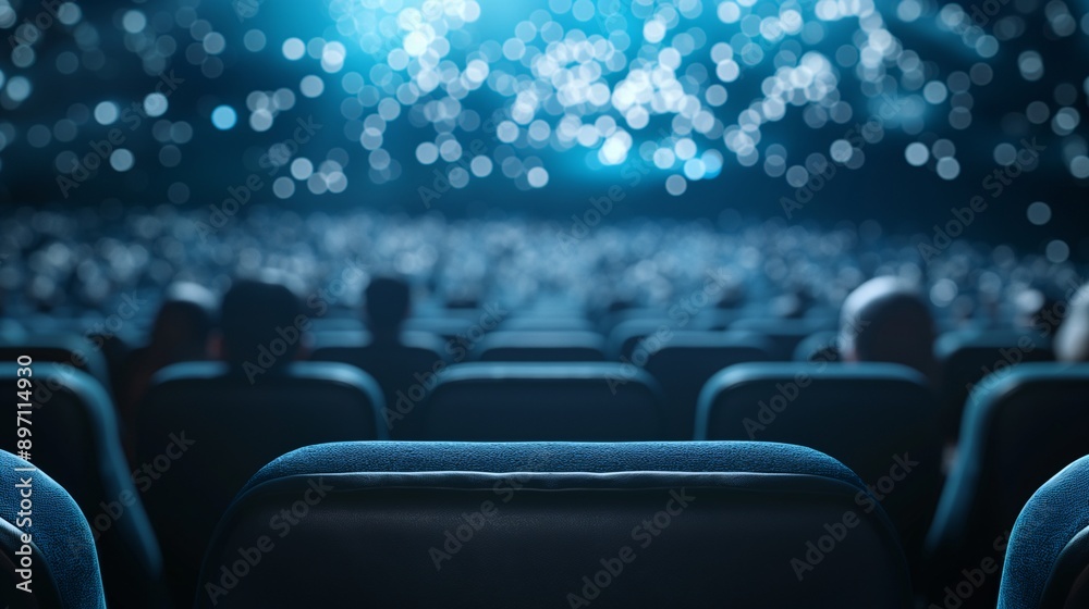 Fototapeta premium Cinema's Enchanting Embrace: A captivating cinematic scene unfolds, with an audience engrossed in a film, their silhouettes fading into the mesmerizing glow of the screen