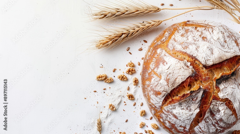 A freshly baked wheat bread loaf sits on a white surface with wheat stalks and a light dusting of flour.