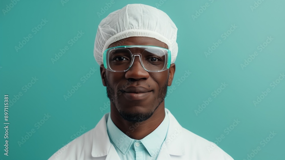 Dark-skinned scientist, in lab coat and PPE, smiles at camera Dark-skinned scientist, in lab coat and PPE, smiles at camera