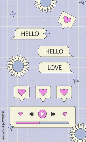 Retro browser computer window in 90s vaporwave style with smile face stickers for stories or a post template. Old pc user interface and the keyboard. Stock groovy illustration