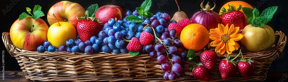Assorted fruits and vegetables in a basket psychedelic vibrant colors intricate detail Assorted fruits and vegetables in a basket psychedelic vibrant colors intricate detail