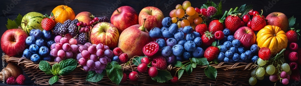 Assorted fruits and vegetables in a basket psychedelic vibrant colors intricate detail Assorted fruits and vegetables in a basket psychedelic vibrant colors intricate detail