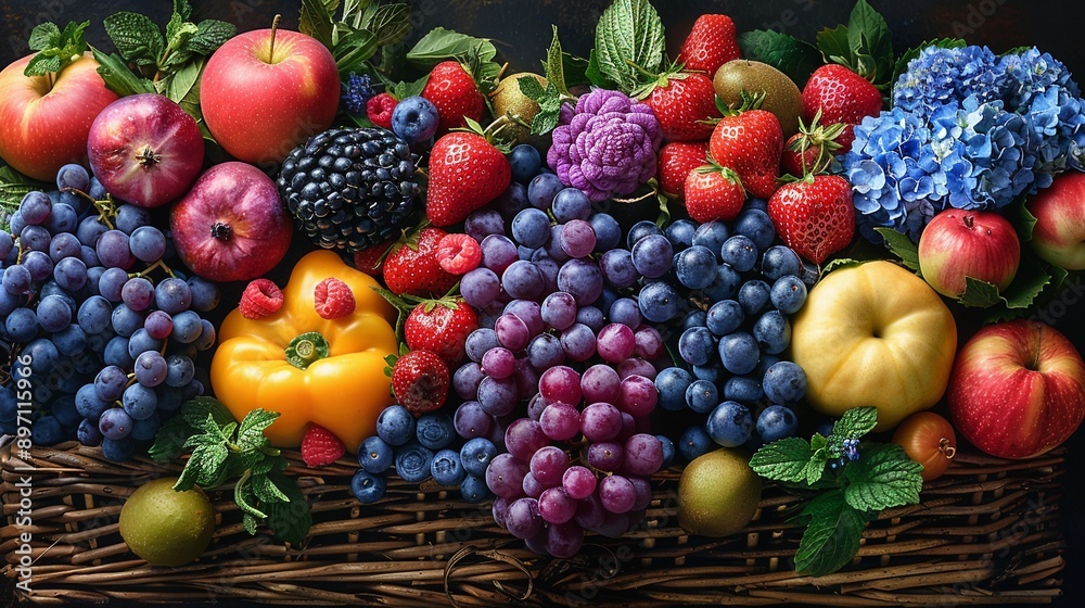 Assorted fruits and vegetables in a basket psychedelic vibrant colors intricate detail Assorted fruits and vegetables in a basket psychedelic vibrant colors intricate detail