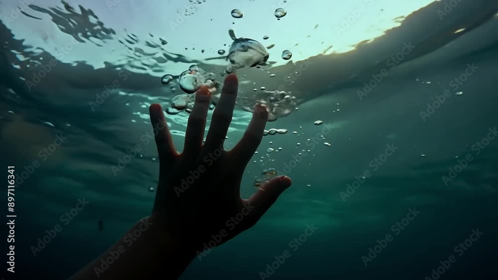 A person drowning in ocean. Hand of drowning man trying to swim out of the stormy ocean. Accident in river,sea, Dangerous situation 4k