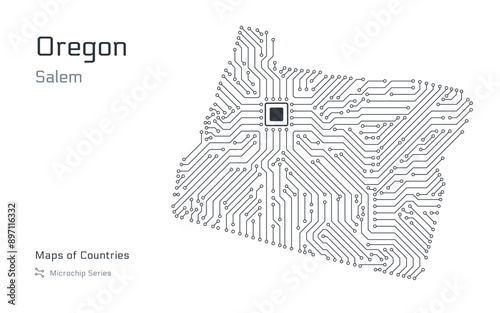 Oregon Map with a capital of Salem Shown in a Microchip Pattern. Silicon valley, E-government. United States vector maps. Microchip Series	
