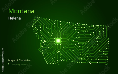 Montana Map with a capital of Helena Shown in a Microchip Pattern. Silicon valley, E-government. United States vector maps. Microchip Series	
