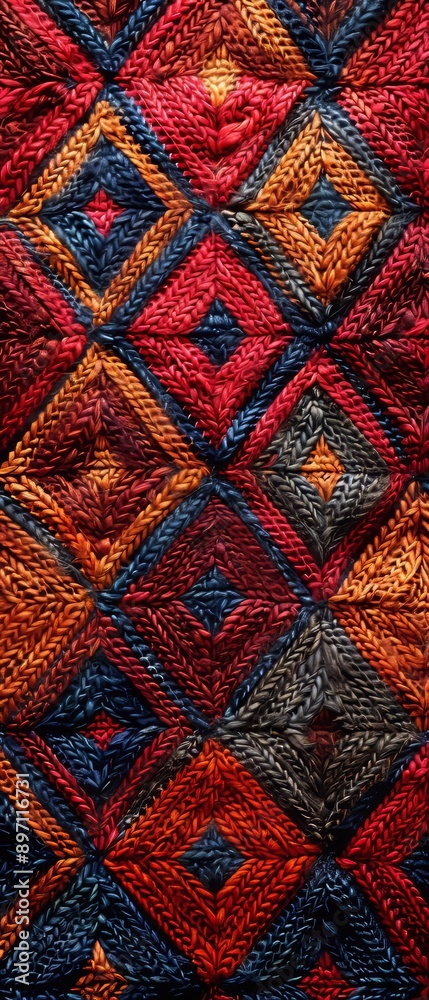 A colorful quilt with a diamond pattern A colorful quilt with a diamond pattern