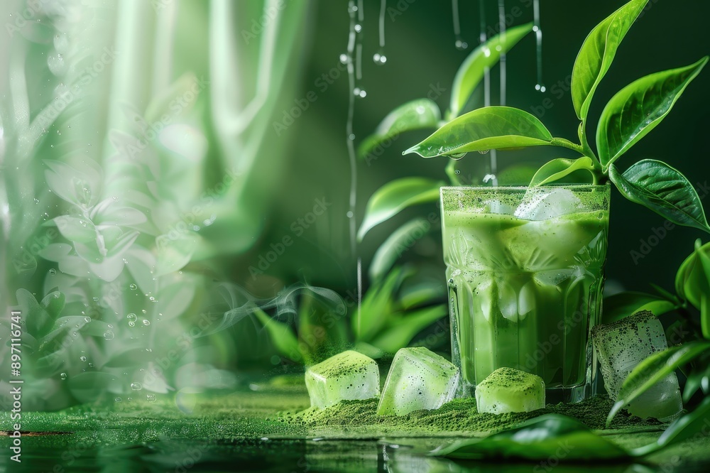 Refreshing Green Tea Beverage with Ice and Leaves Refreshing Green Tea Beverage with Ice and Leaves