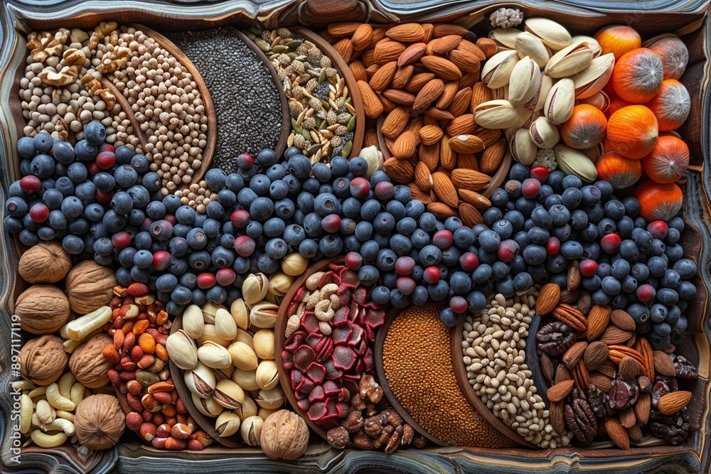 Assorted nuts and seeds in a wooden bowl closeup realistic natural lighting Assorted nuts and seeds in a wooden bowl closeup realistic natural lighting