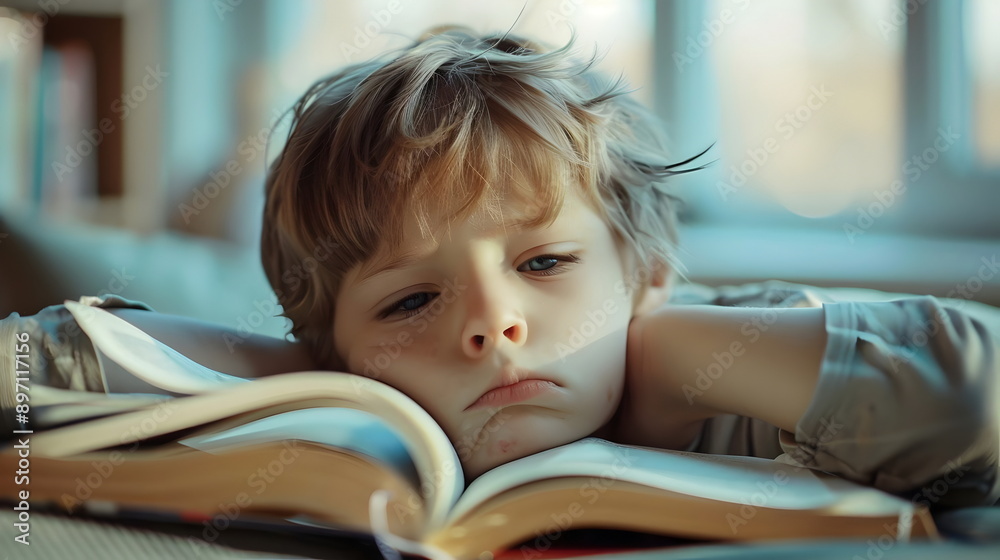 Child Reading Book Thoughtful Expression Indoor Natural Light Focused Study Time Child Reading Book Thoughtful Expression Indoor Natural Light Focused Study Time