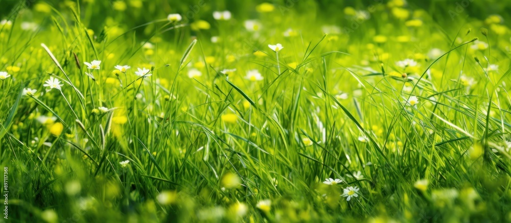Close Up of a Lush Grass Field with White Flowers Close Up of a Lush Grass Field with White Flowers