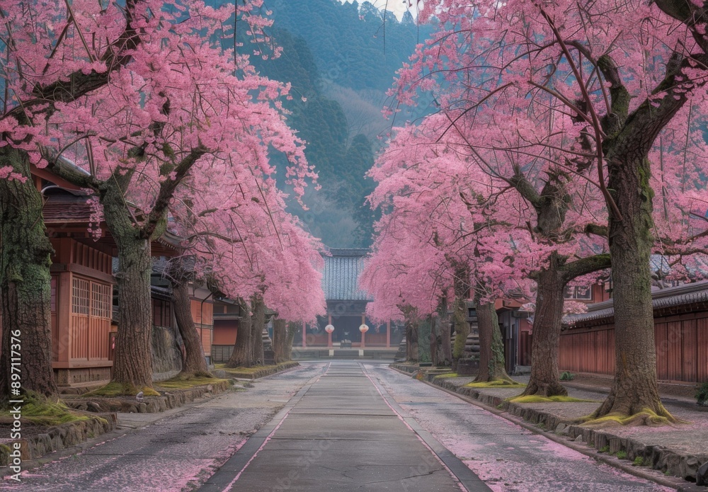 Cherry trees lining a quiet pathway in a historic Japanese temple Cherry trees lining a quiet pathway in a historic Japanese temple