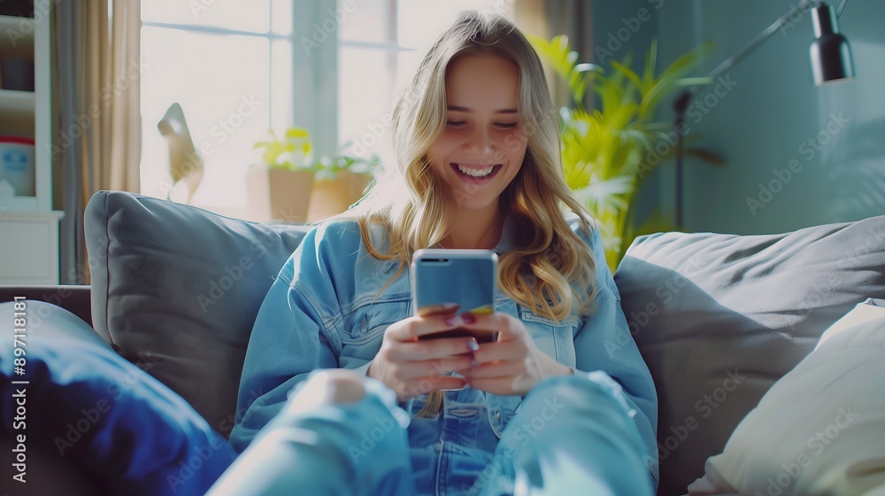 Smiling Woman Using Smartphone on Couch Smiling Woman Using Smartphone on Couch