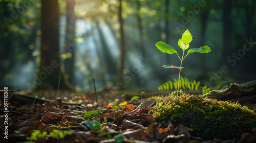 Young plant growing in a sunlit forest with rays of light, nature rejuvenation concept