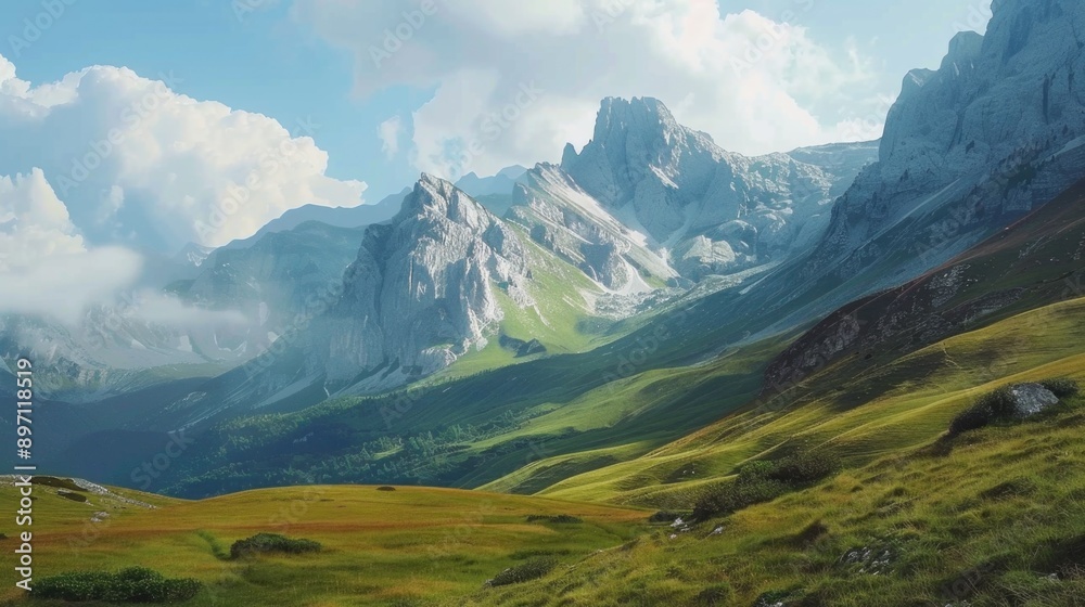 Fototapeta premium Mountain landscape with green grass and rolling hills