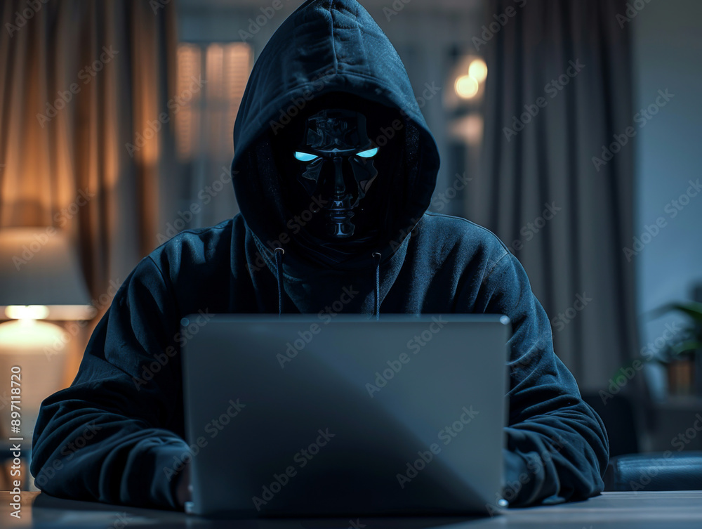 darkened hacker person hidden behind a dark hood and sitting at a laptop darkened hacker person hidden behind a dark hood and sitting at a laptop