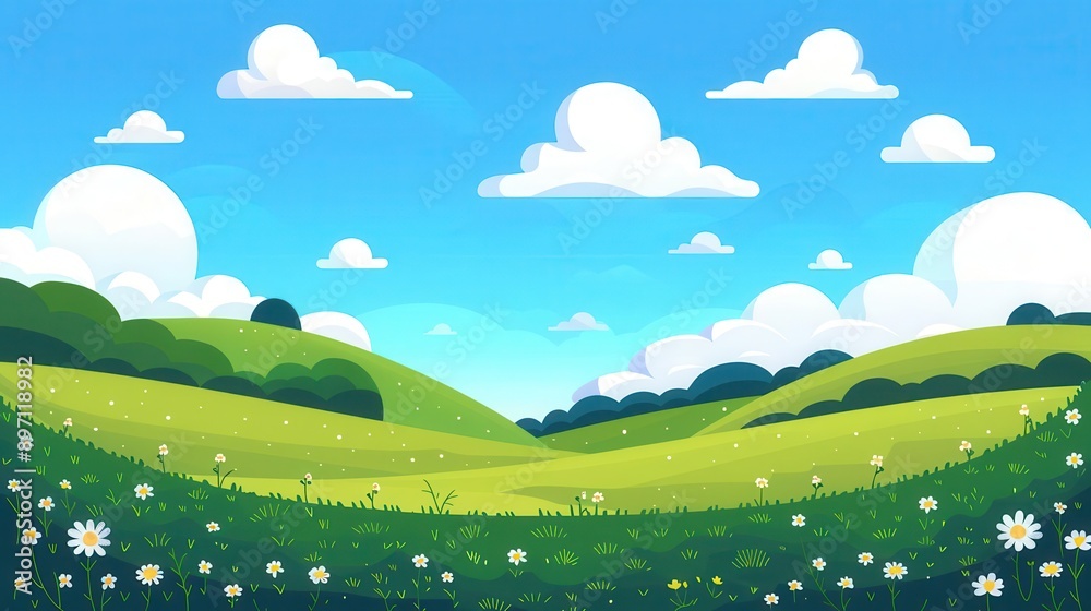 serene summer landscape with rolling green hills and wildflower meadows fluffy white clouds drift across a vibrant blue sky flat stylized illustration with bold colors and simplified shapes serene summer landscape with rolling green hills and wildflower meadows fluffy white clouds drift across a vibrant blue sky flat stylized illustration with bold colors and simplified shapes