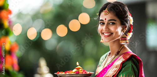 Happy indian woman holding puja thali, wearing traditioinal saree, festival background photo