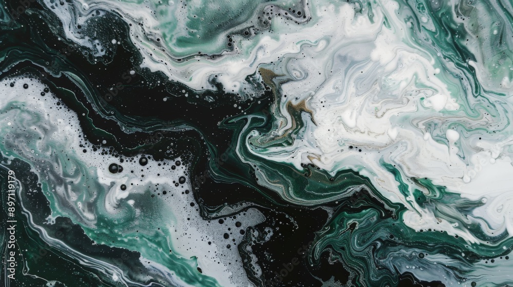 Green, white, and black abstract fluid art painting with swirling textures and bubbles
