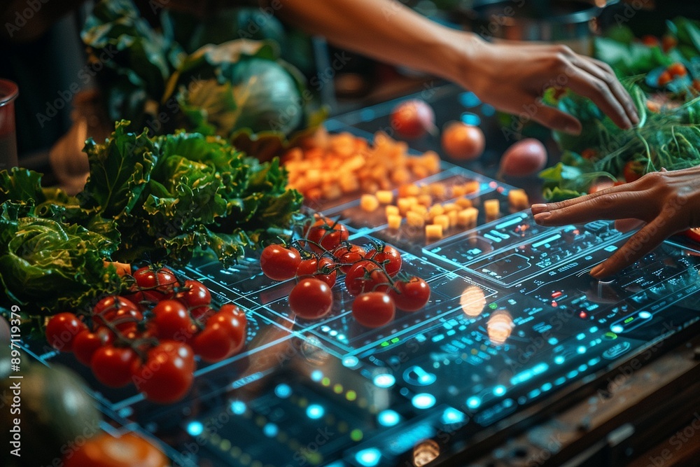 Digital hologram of a balanced meal plan futuristic glowing elements tech interface Digital hologram of a balanced meal plan futuristic glowing elements tech interface