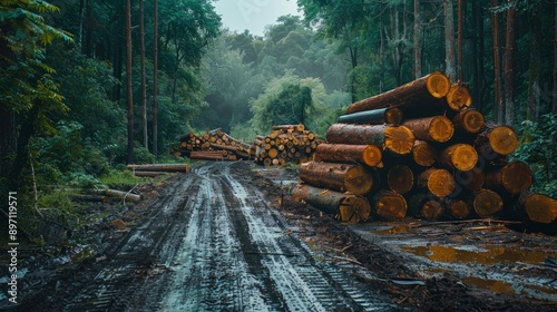 The impact of deforestation is visible in the stacks of logs and muddy forest roads