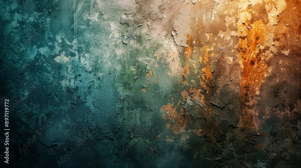 The wall texture has a grungy teal and orange color scheme that adds depth and character to the room
