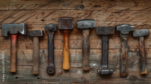 An assortment of vintage hammers displayed on weathered wooden planks in a rustic setting