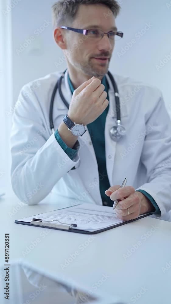 Doctor and a patient. The physician, wearing a white medical coat over a green shirt, gesturing with his hands during a consultation in the clinic. Medicine concept Doctor and a patient. The physician, wearing a white medical coat over a green shirt, gesturing with his hands during a consultation in the clinic. Medicine concept