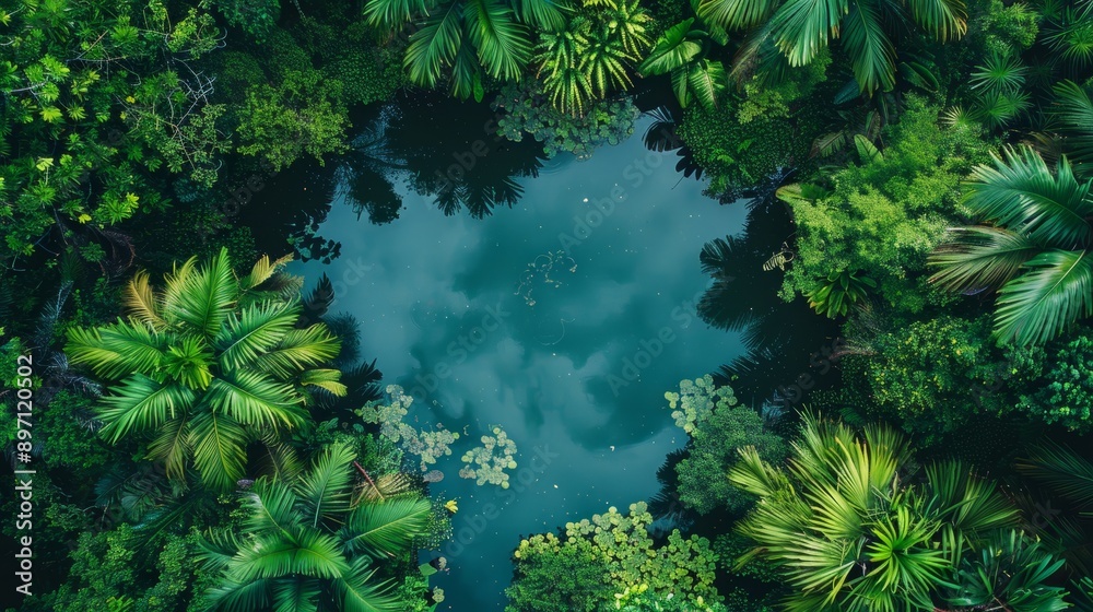 An enchanting aerial perspective showcasing a beautiful, vibrant tropical jungle pond nestled within the lush greenery An enchanting aerial perspective showcasing a beautiful, vibrant tropical jungle pond nestled within the lush greenery