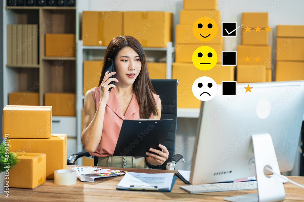 Happy Client customer experience concept. entrepreneur recording phone inquiry with checkboxes, smiling face rating excellent for satisfaction survey. Happy Client customer experience concept. entrepreneur recording phone inquiry with checkboxes, smiling face rating excellent for satisfaction survey.