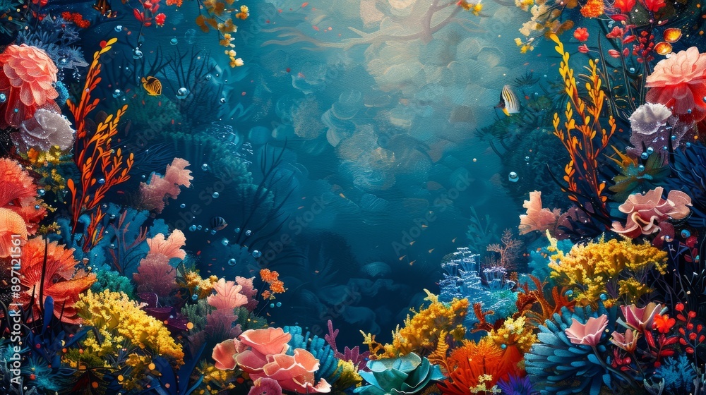 Experience the breathtaking beauty of a vibrant coral reef teeming with painted marine life Experience the breathtaking beauty of a vibrant coral reef teeming with painted marine life